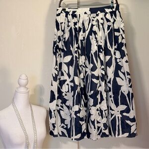 Blue & White Cotton Lightweight Floral Print A-Line Midi Skirt
